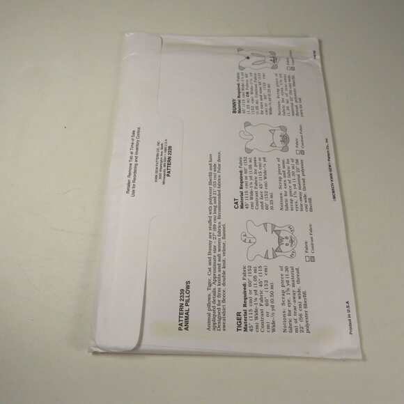 Kwik Sew 2339 Sewing Pattern NEW UNOPENED Pet Pillow Cat, Bunny Rabbit, Tiger - Picture 3 of 6